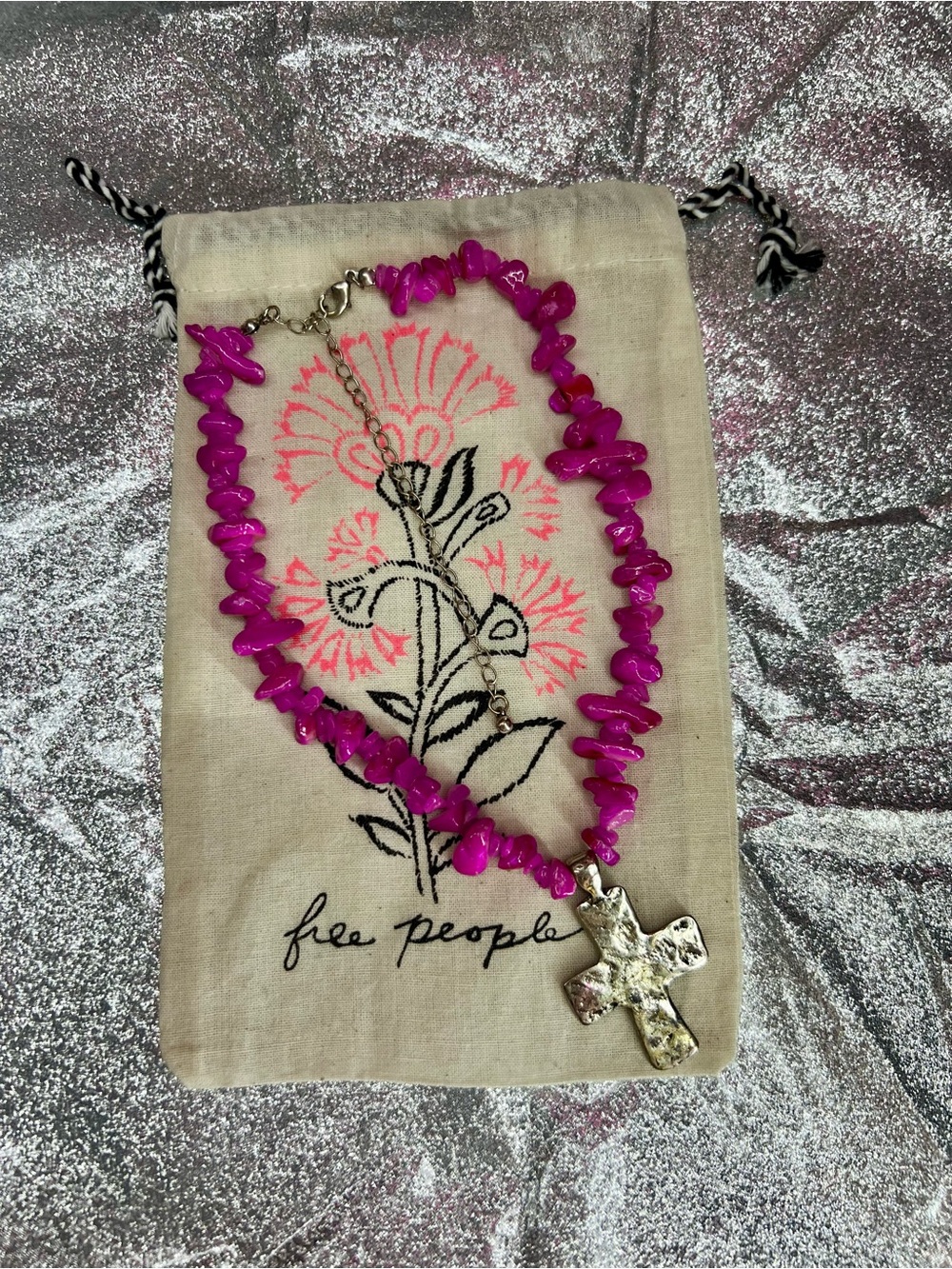 Free People Hot Pink Chip Necklace with Hammered Silver Cross - Picture 2 of 2
